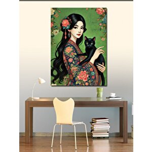 Kanvas Tablo Japon Kadın Ve Siyah Kedi 50x70 cm