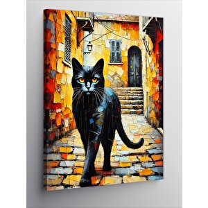 Kanvas Tablo Renkli Sokakta Kara Kedi 50x70 cm