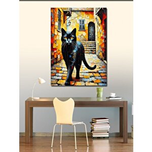 Kanvas Tablo Renkli Sokakta Kara Kedi 50x70 cm