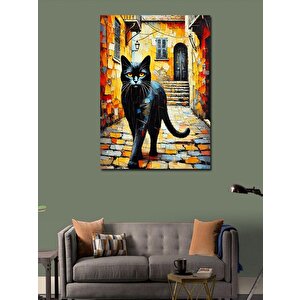 Kanvas Tablo Renkli Sokakta Kara Kedi 50x70 cm