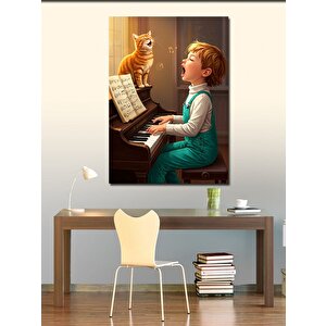 Kanvas Tablo Kedi Ve Çocuk Piyano Çalıyor 100x140 cm
