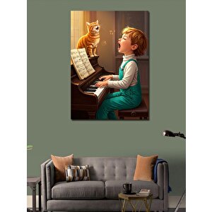 Kanvas Tablo Kedi Ve Çocuk Piyano Çalıyor 100x140 cm