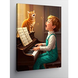 Kanvas Tablo Kedi Ve Çocuk Piyano Çalıyor 70x100 cm
