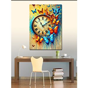 Kanvas Tablo Saat Ve Renkli Kelebekler 100x140 cm
