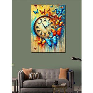 Kanvas Tablo Saat Ve Renkli Kelebekler 100x140 cm