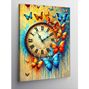 Kanvas Tablo Saat Ve Renkli Kelebekler 70x100 cm