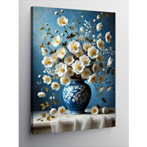 Kanvas Tablo Mavi Vazoda Beyaz Çiçekler 50x70 cm