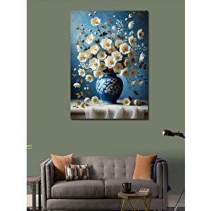 Kanvas Tablo Mavi Vazoda Beyaz Çiçekler 50x70 cm