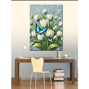 Kanvas Tablo Kelebekli Beyaz Laleler 50x70 cm