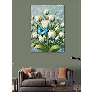 Kanvas Tablo Kelebekli Beyaz Laleler 50x70 cm