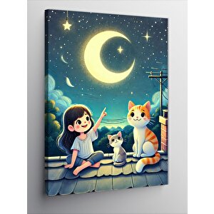 Kanvas Tablo Ayışığında Çocuklar Ve Kediler 50x70 cm