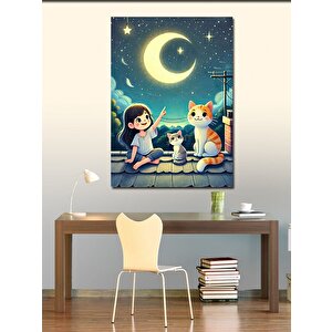 Kanvas Tablo Ayışığında Çocuklar Ve Kediler 50x70 cm
