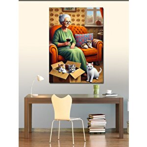 Kanvas Tablo Yaşlı Kadın Ve Kedi Dostları 70x100 cm