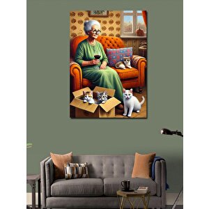 Kanvas Tablo Yaşlı Kadın Ve Kedi Dostları 70x100 cm