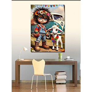 Kanvas Tablo Çiçekli Çocuk Ve Beyaz Keçi 50x70 cm