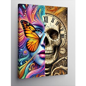 Kanvas Tablo Saatli Ve Kelebekli Kafatası 50x70 cm