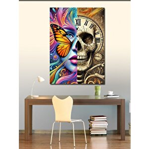 Kanvas Tablo Saatli Ve Kelebekli Kafatası 50x70 cm