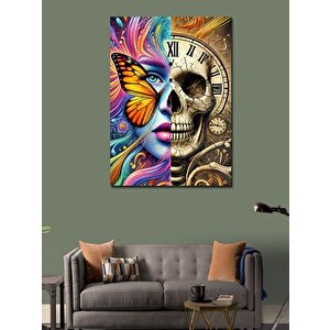 Kanvas Tablo Saatli Ve Kelebekli Kafatası 50x70 cm