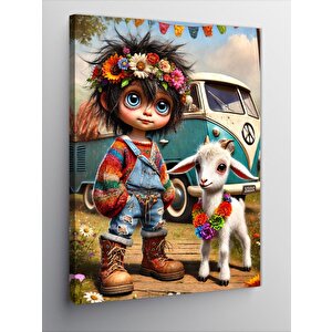 Kanvas Tablo Çiçekli Çocuk Ve Beyaz Keçi 100x140 cm