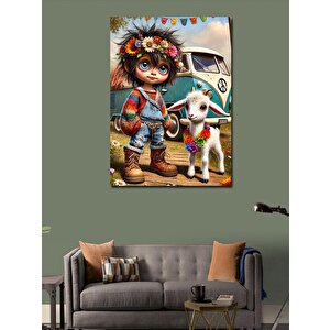 Kanvas Tablo Çiçekli Çocuk Ve Beyaz Keçi 100x140 cm