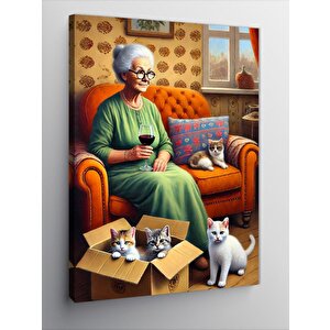 Kanvas Tablo Yaşlı Kadın Ve Kedi Dostları 100x140 cm