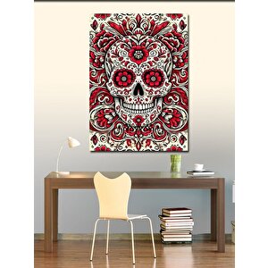 Kanvas Tablo Kırmızı Çiçekli Kafatası Deseni 100x140 cm