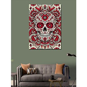 Kanvas Tablo Kırmızı Çiçekli Kafatası Deseni 100x140 cm