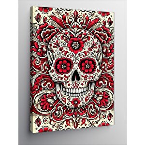 Kanvas Tablo Kırmızı Çiçekli Kafatası Deseni 70x100 cm