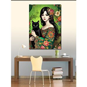 Kanvas Tablo Siyah Kedili Çiçekli Kadın 100x140 cm