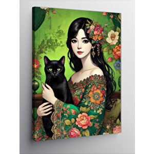Kanvas Tablo Siyah Kedili Çiçekli Kadın 50x70 cm