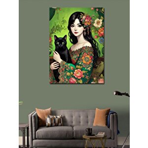 Kanvas Tablo Siyah Kedili Çiçekli Kadın 50x70 cm