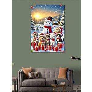 Kanvas Tablo Kardan Adam Kediler Yılbaşı Kutlaması 50x70 cm