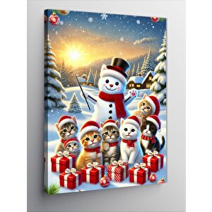 Kanvas Tablo Kardan Adam Kediler Yılbaşı Kutlaması 70x100 cm