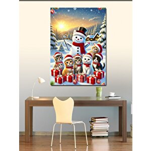 Kanvas Tablo Kardan Adam Kediler Yılbaşı Kutlaması 70x100 cm