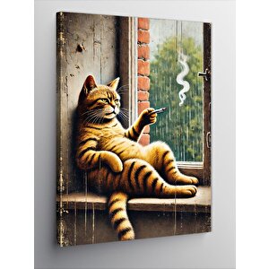 Kanvas Tablo Pencerede Oturan Sigara İçen Kedi 70x100 cm