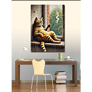 Kanvas Tablo Pencerede Oturan Sigara İçen Kedi 70x100 cm