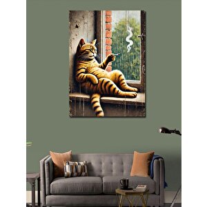 Kanvas Tablo Pencerede Oturan Sigara İçen Kedi 70x100 cm