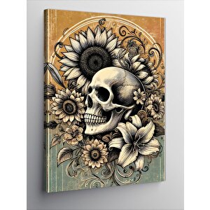 Kanvas Tablo Kafatası Ve Çiçek Deseni 50x70 cm