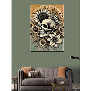 Kanvas Tablo Kafatası Ve Çiçek Deseni 70x100 cm