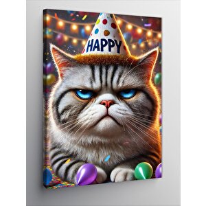 Kanvas Tablo Doğum Günü Kutlayan Somurtkan Kedi 70x100 cm