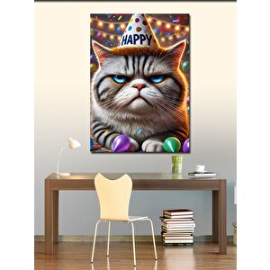 Kanvas Tablo Doğum Günü Kutlayan Somurtkan Kedi 70x100 cm