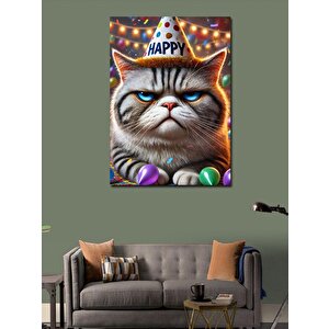 Kanvas Tablo Doğum Günü Kutlayan Somurtkan Kedi 70x100 cm