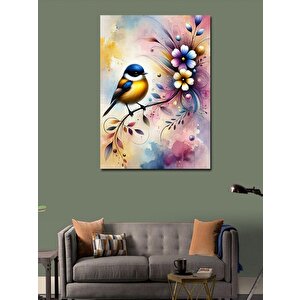 Kanvas Tablo Kuş Ve Renkli Çiçek İllüstrasyonu 50x70 cm