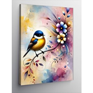 Kanvas Tablo Kuş Ve Renkli Çiçek İllüstrasyonu 100x140 cm
