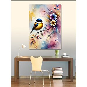 Kanvas Tablo Kuş Ve Renkli Çiçek İllüstrasyonu 100x140 cm