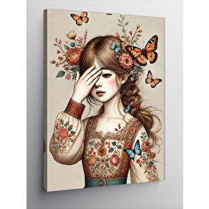 Kanvas Tablo Kelebek Ve Çiçekli Kız 70x100 cm