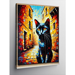 Kanvas Tablo Renkli Sokakta Siyah Kedi 100x140 cm