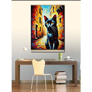 Kanvas Tablo Renkli Sokakta Siyah Kedi 100x140 cm