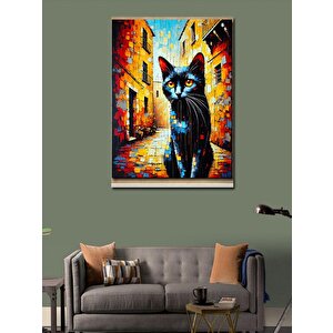 Kanvas Tablo Renkli Sokakta Siyah Kedi 100x140 cm