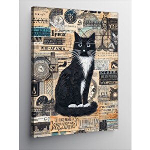 Kanvas Tablo Siyah Kedi Ve Vintage Para Deseni 100x140 cm